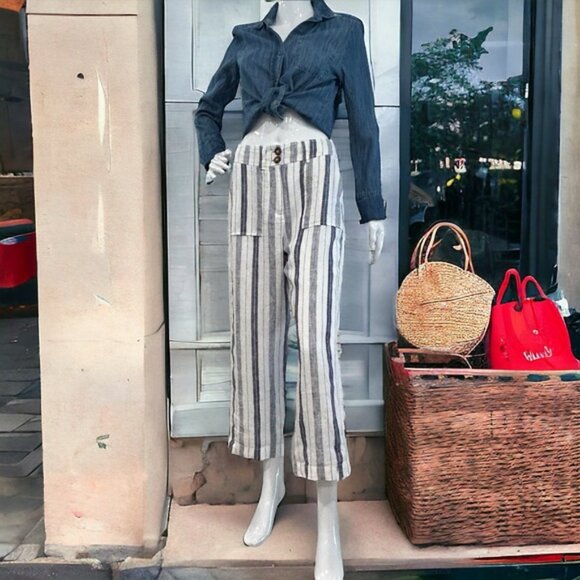 100 Linen Wide Leg Pants - Sailor Stripes - Picture 2 of 15